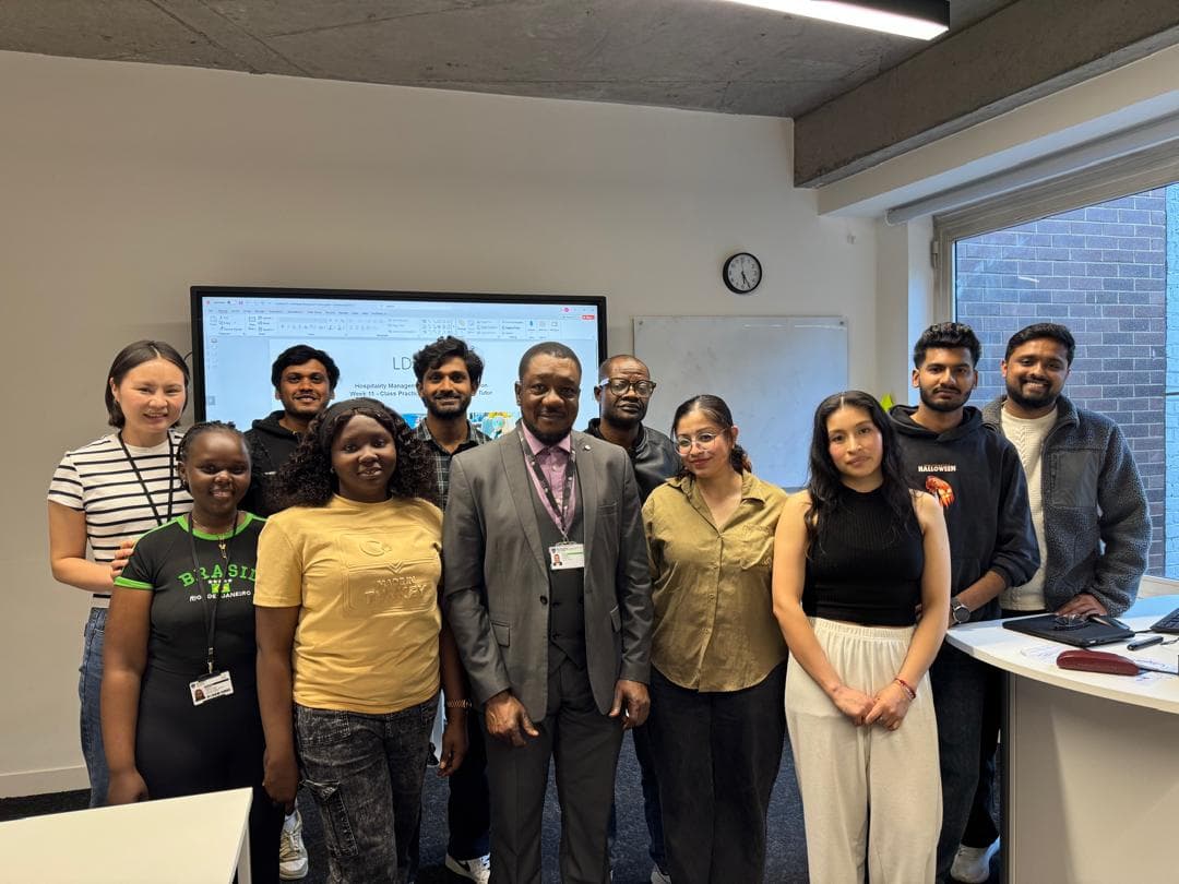 Dr. Ayokunnu Olowoporoku with a Hospitality Management cohort at Northumbria University, London