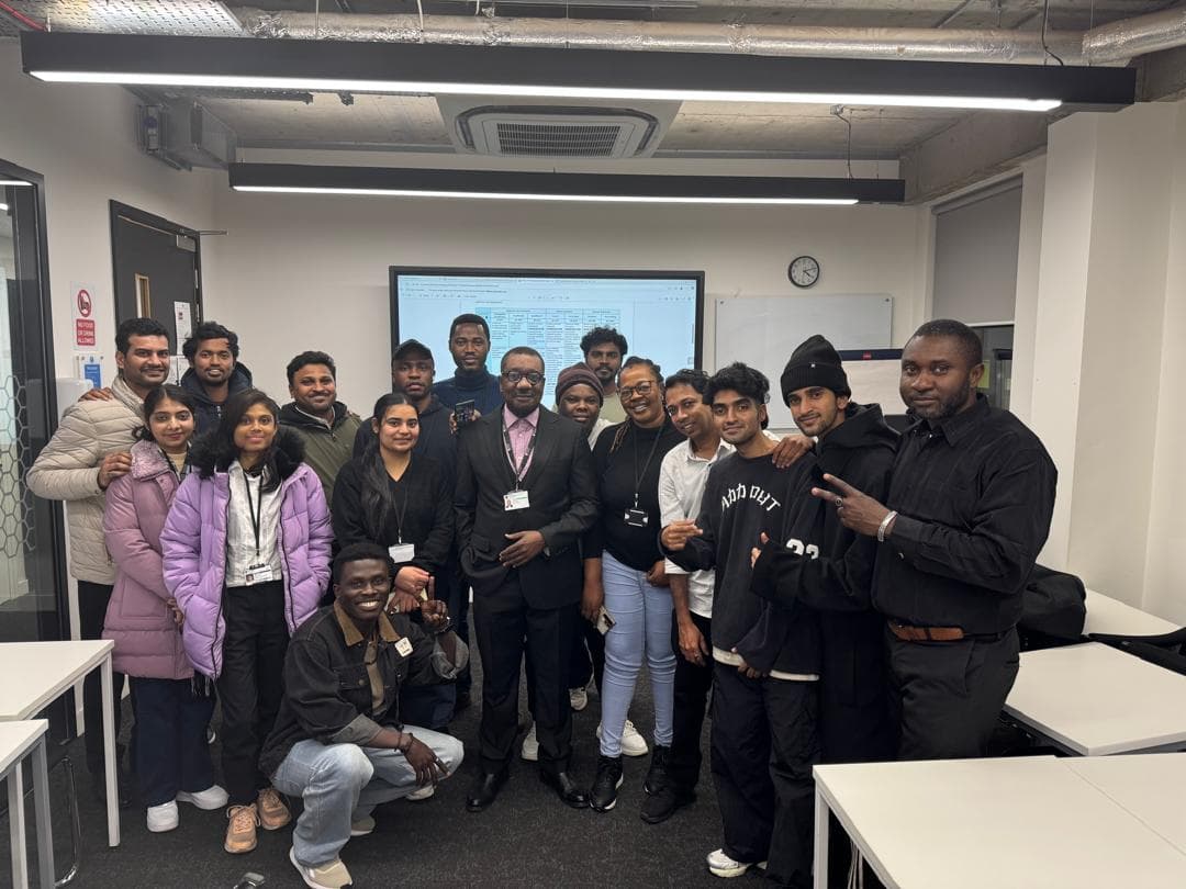 Dr. Ayokunnu Olowoporoku with a Business & Management cohort at Northumbria University, London Campus